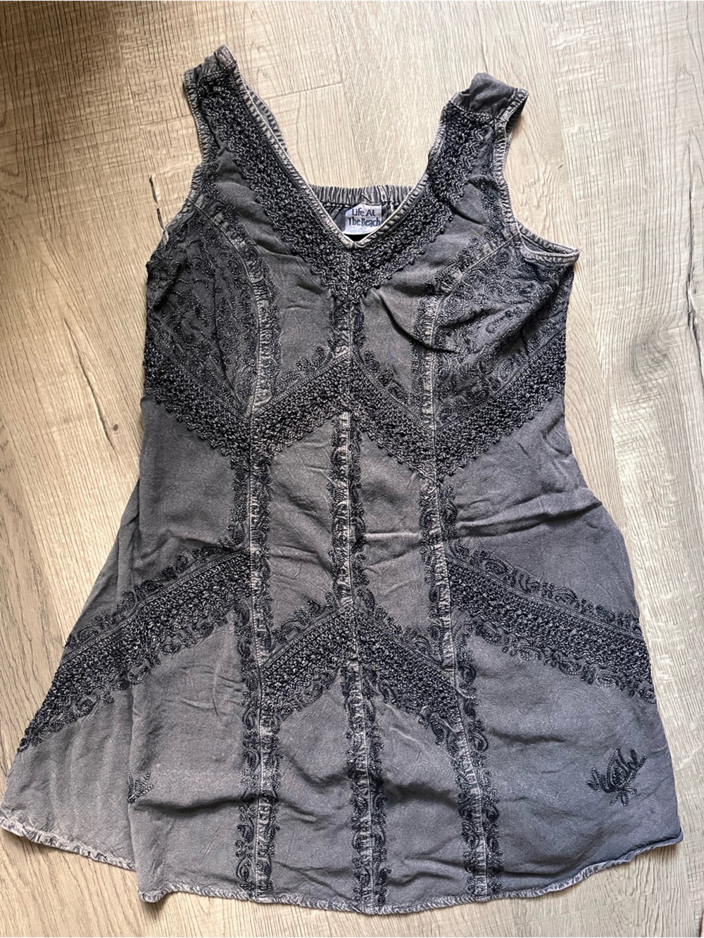 Boho or Country acid washed Black Dress with Crochet Accents